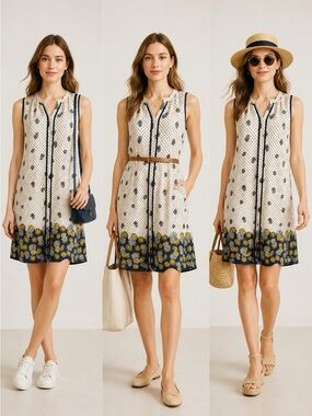 Naif White Sleeveless Button-Front Dress with Navy & Yellow Floral Border